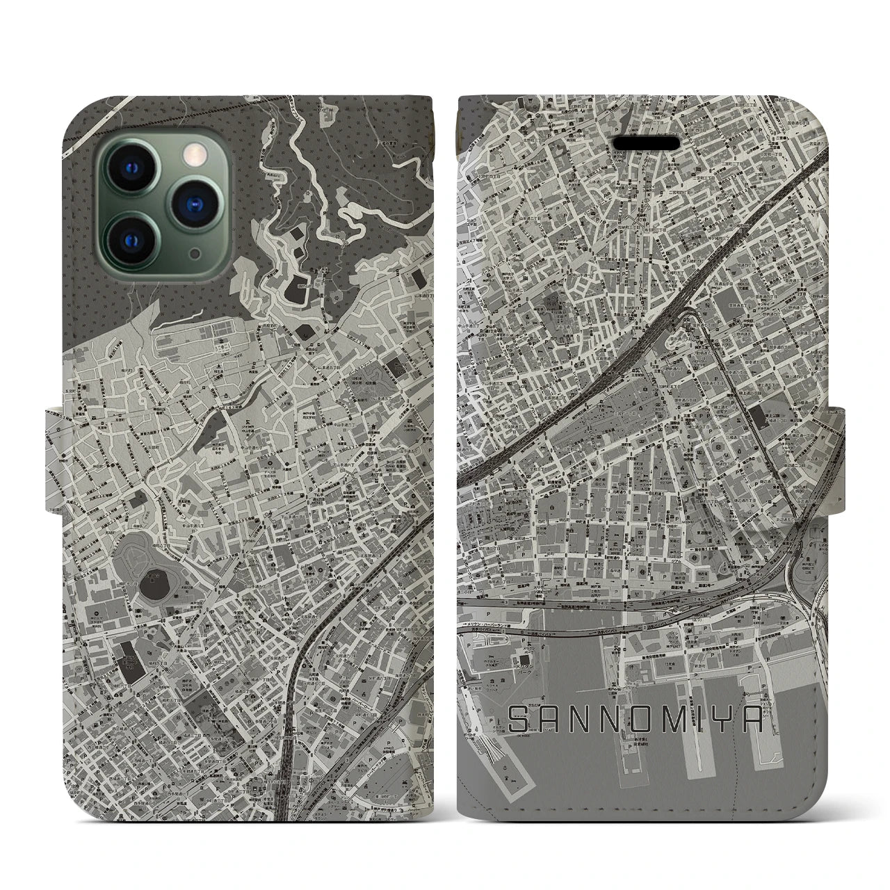 【三宮2(兵庫県)】地図柄iPhoneケース(手帳タイプ)モノトーン・iPhone 11 Pro 用
