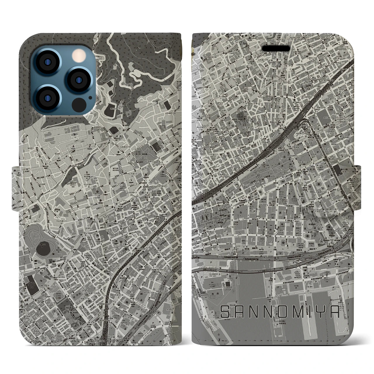 【三宮2(兵庫県)】地図柄iPhoneケース(手帳タイプ)モノトーン・iPhone 12 / 12 Pro 用