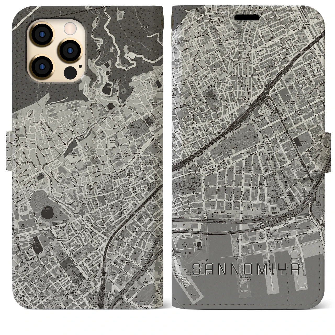 【三宮2(兵庫県)】地図柄iPhoneケース(手帳タイプ)モノトーン・iPhone 12 Pro Max 用