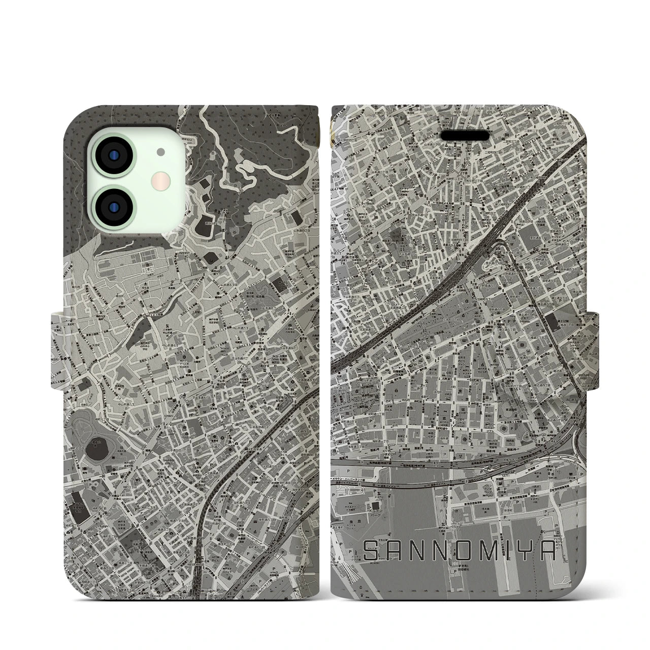 【三宮2(兵庫県)】地図柄iPhoneケース(手帳タイプ)モノトーン・iPhone 12 mini 用