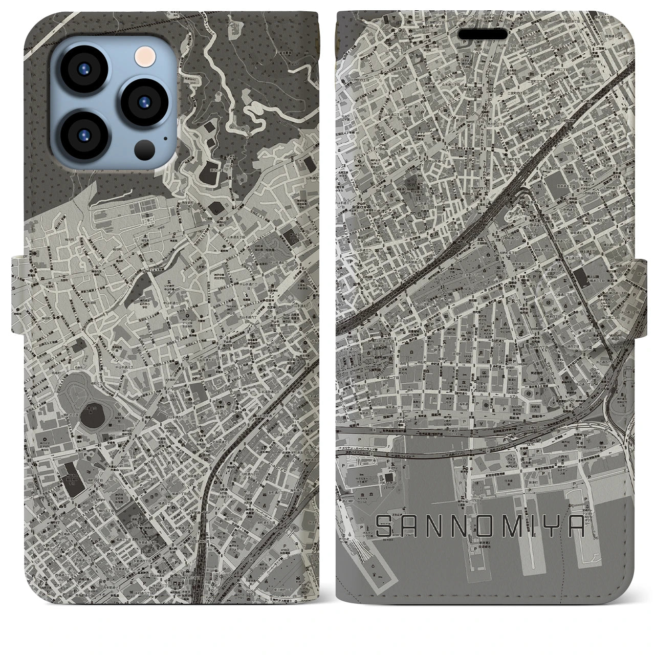 【三宮2(兵庫県)】地図柄iPhoneケース(手帳タイプ)モノトーン・iPhone 13 Pro Max 用