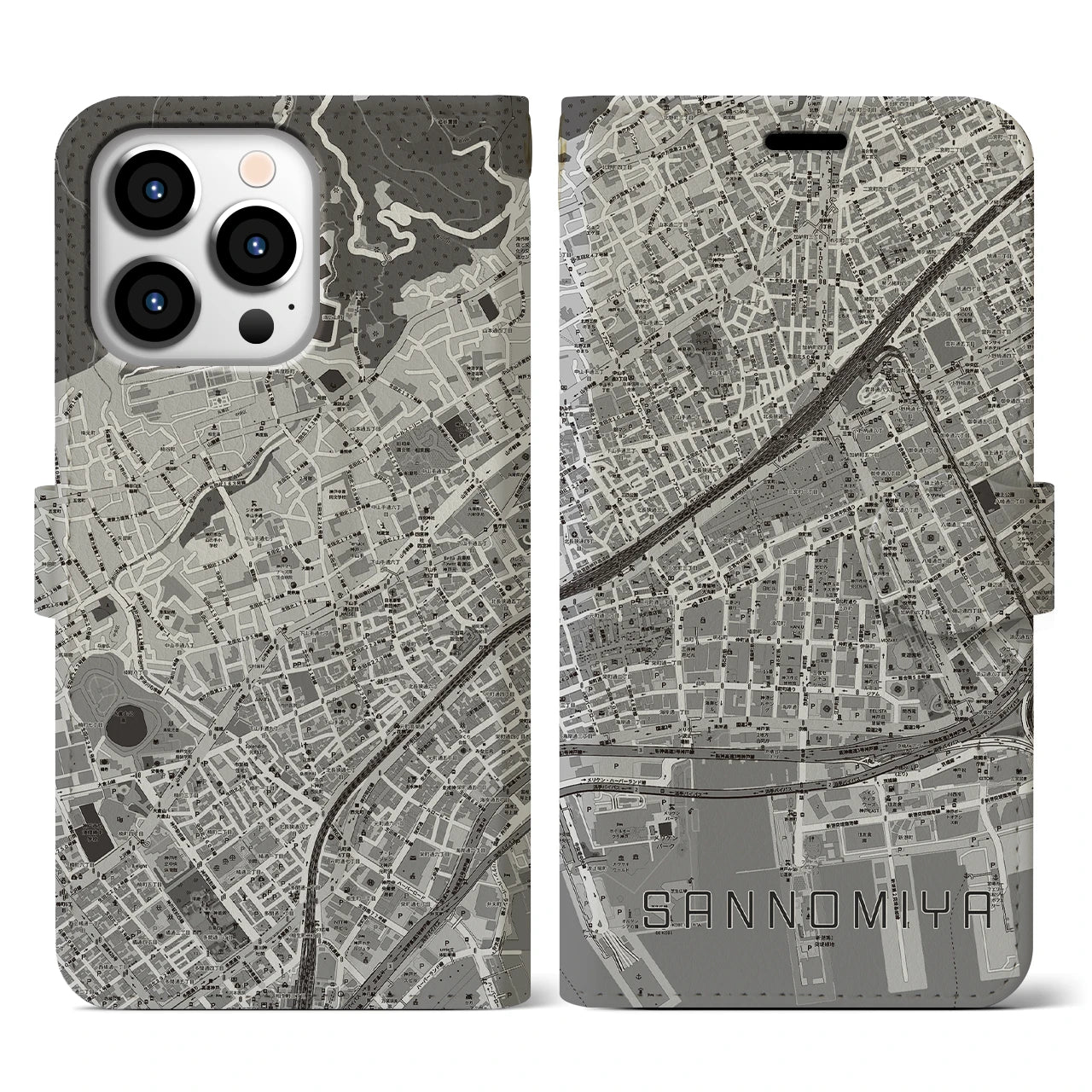 【三宮2(兵庫県)】地図柄iPhoneケース(手帳タイプ)モノトーン・iPhone 13 Pro 用