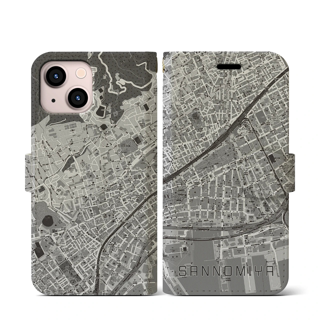 【三宮2(兵庫県)】地図柄iPhoneケース(手帳タイプ)モノトーン・iPhone 13 mini 用