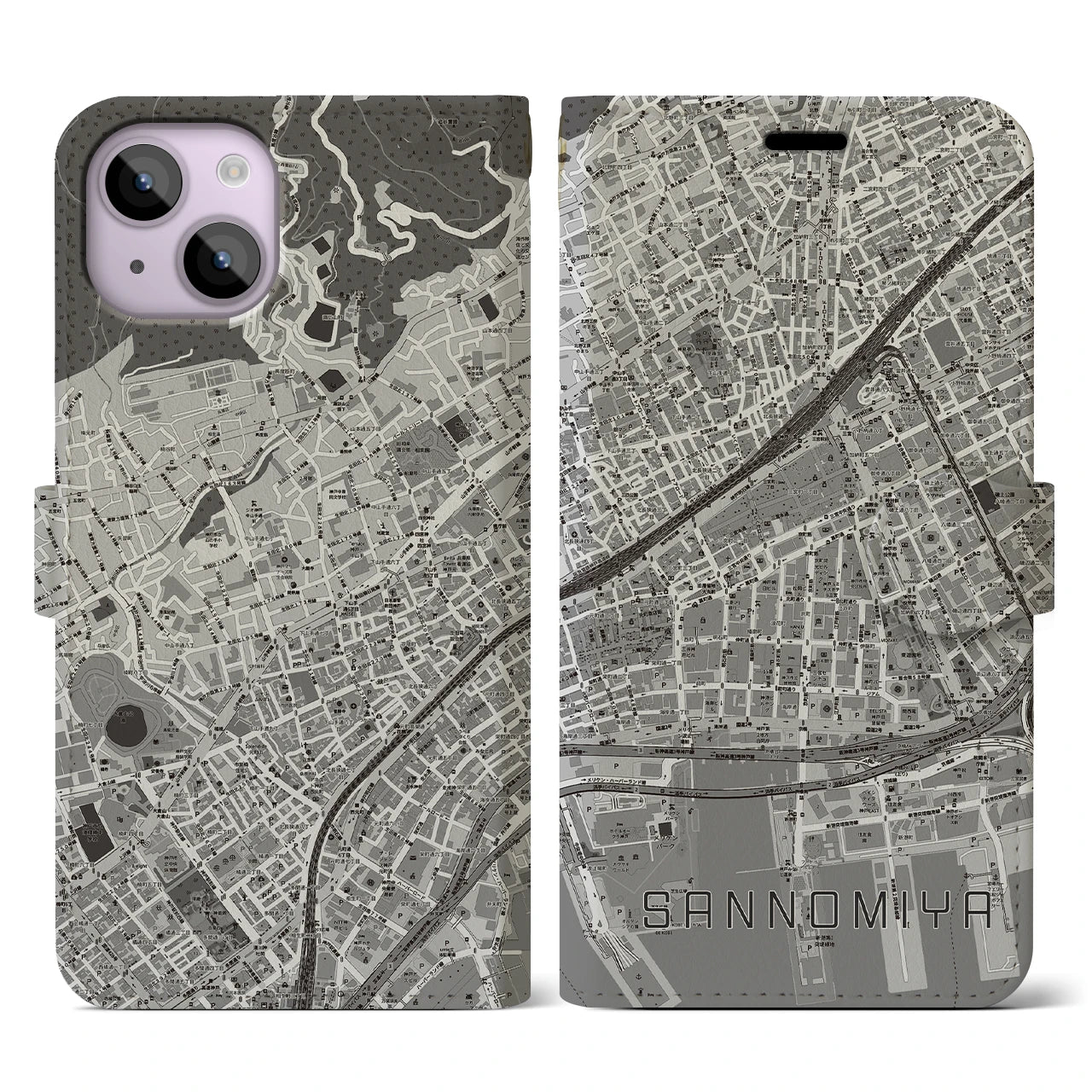 【三宮2(兵庫県)】地図柄iPhoneケース(手帳タイプ)モノトーン・iPhone 14 用
