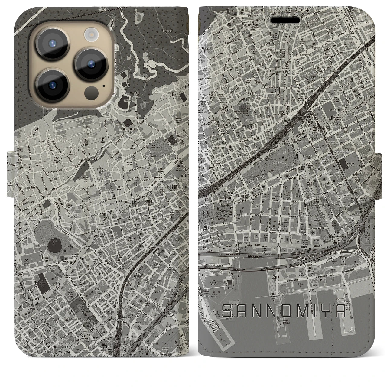 【三宮2(兵庫県)】地図柄iPhoneケース(手帳タイプ)モノトーン・iPhone 14 Pro Max 用