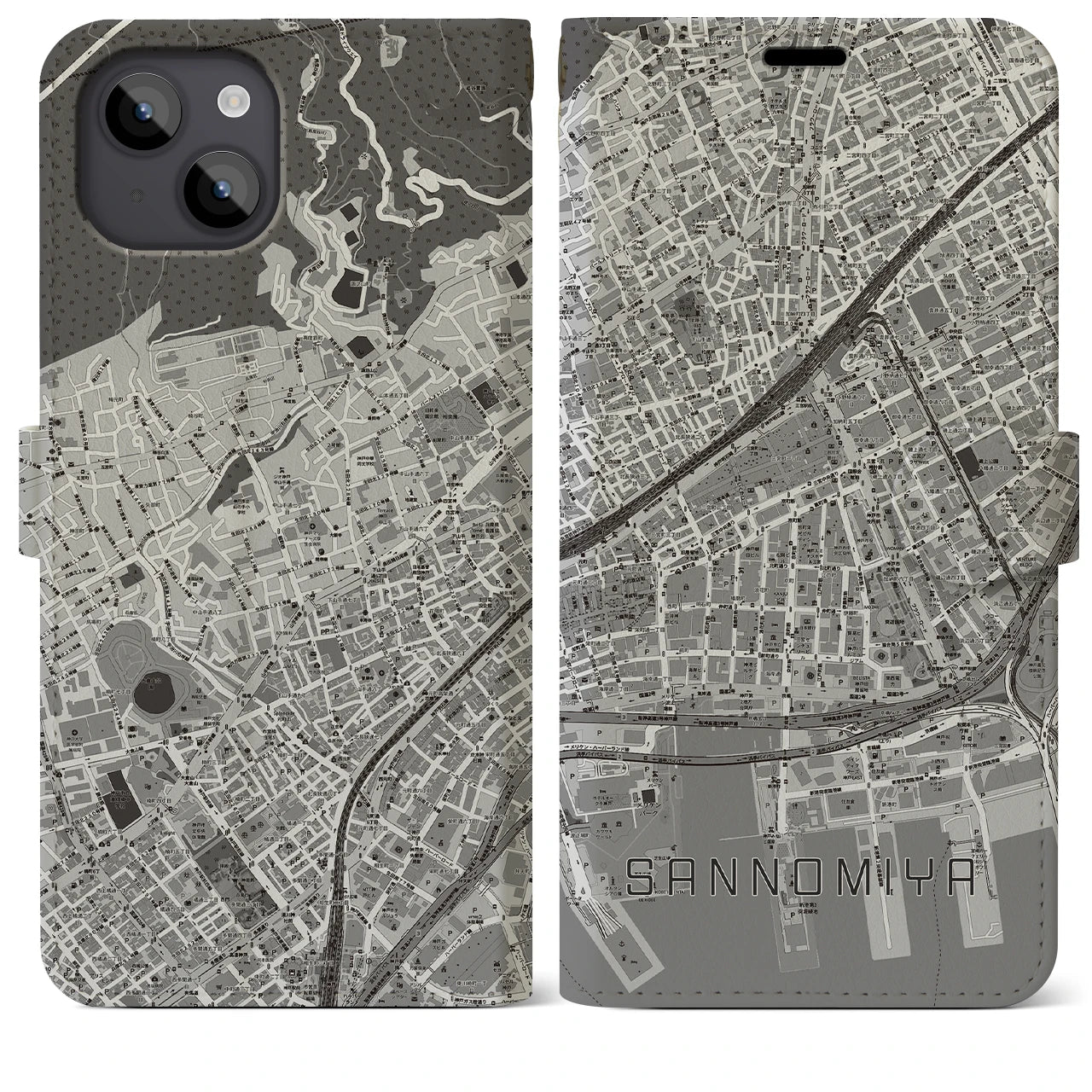 【三宮2(兵庫県)】地図柄iPhoneケース(手帳タイプ)モノトーン・iPhone 14 Plus 用