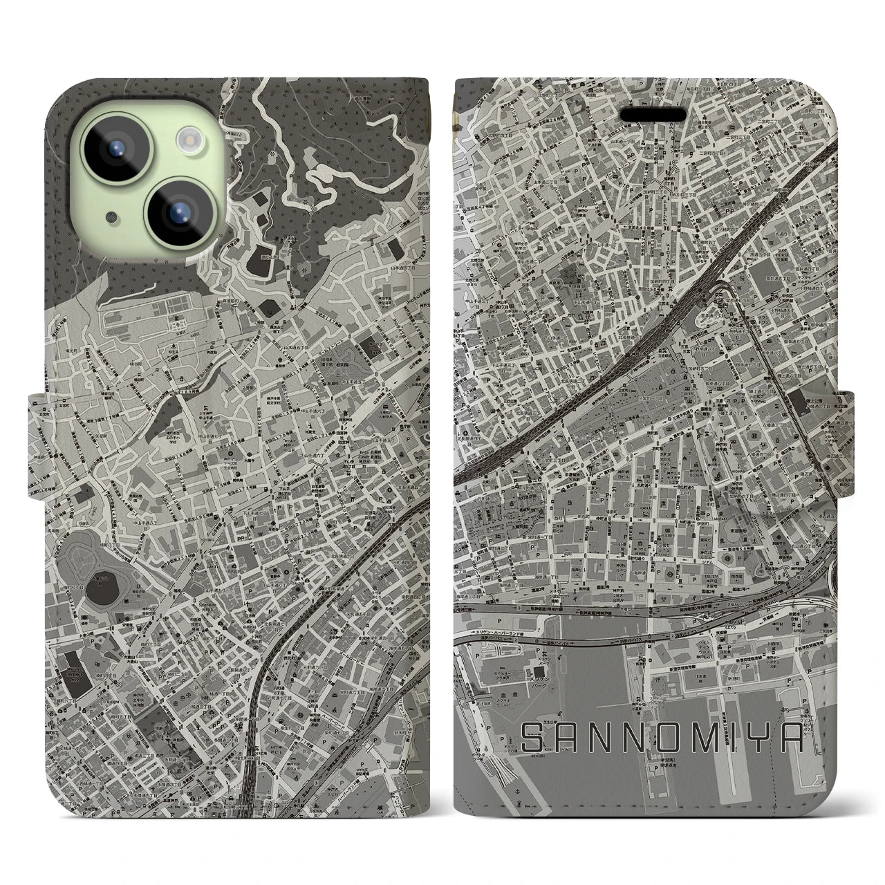 【三宮2(兵庫県)】地図柄iPhoneケース(手帳タイプ)モノトーン・iPhone 15 用