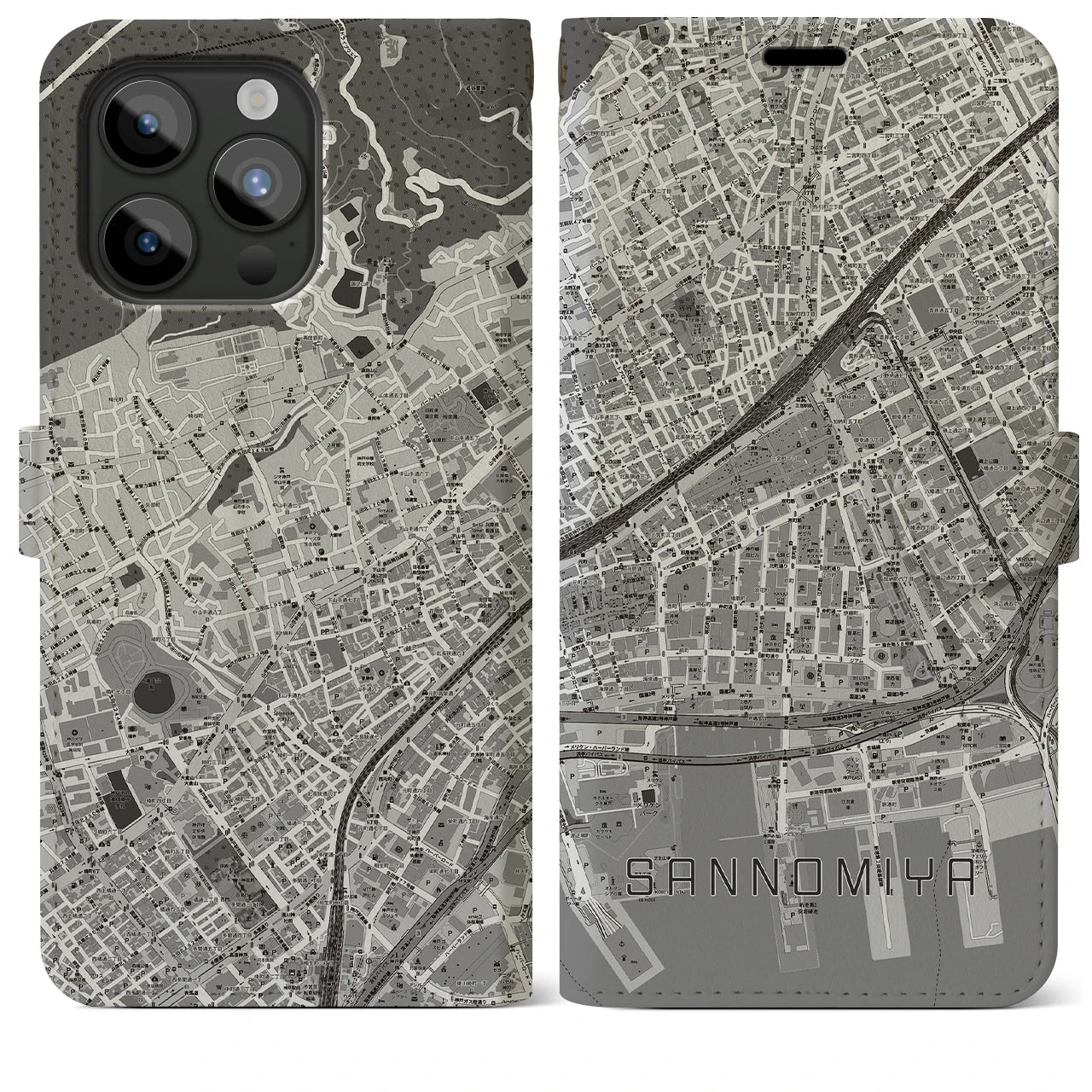 【三宮2(兵庫県)】地図柄iPhoneケース(手帳タイプ)モノトーン・iPhone 15 Pro Max 用