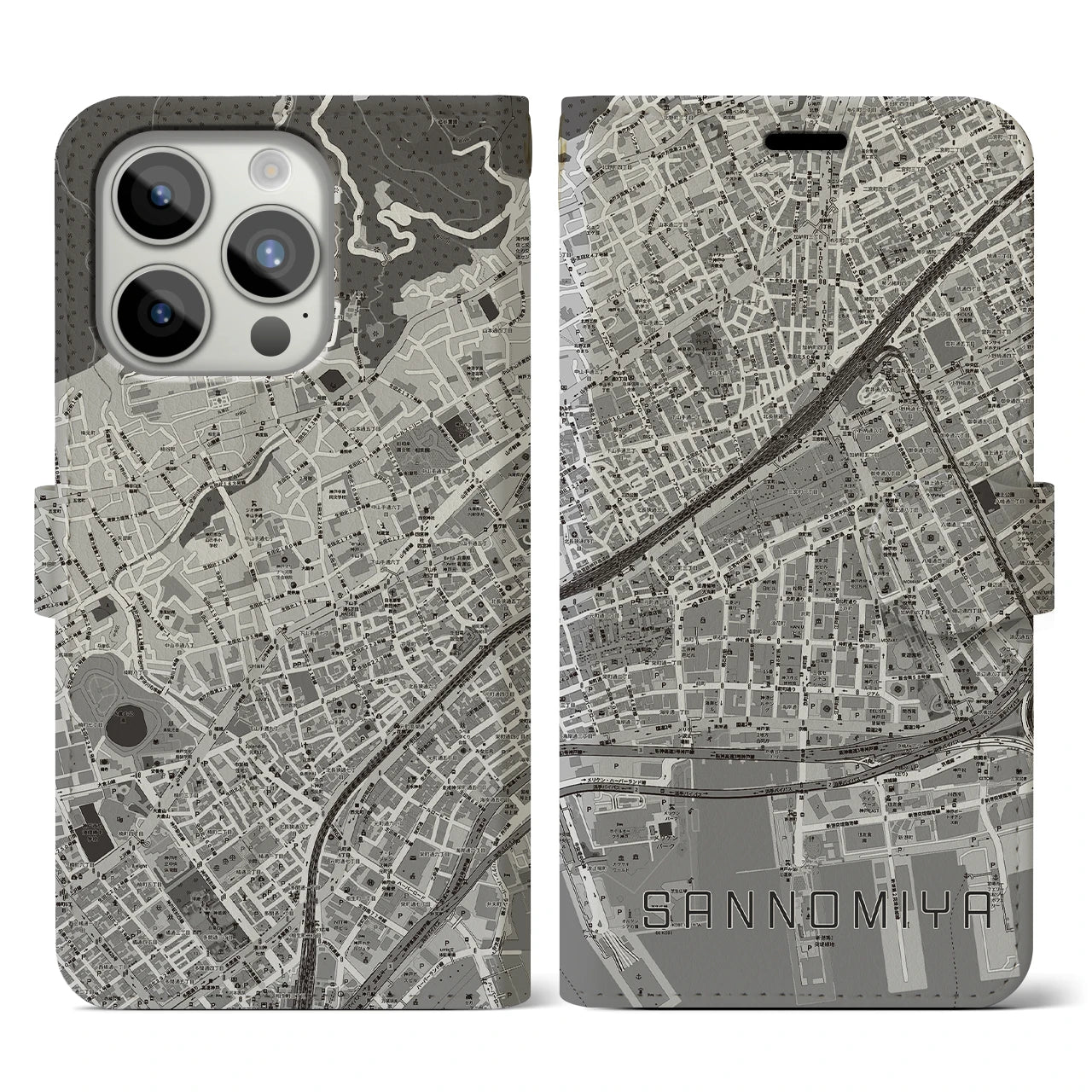 【三宮2(兵庫県)】地図柄iPhoneケース(手帳タイプ)モノトーン・iPhone 15 Pro 用
