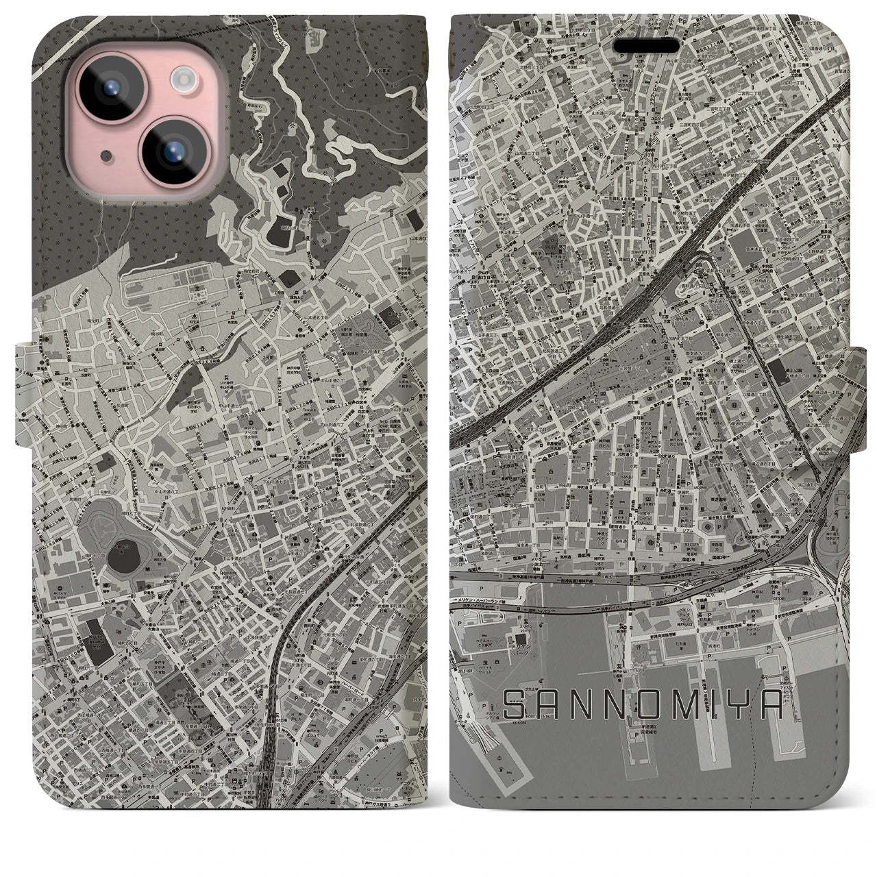 【三宮2(兵庫県)】地図柄iPhoneケース(手帳タイプ)モノトーン・iPhone 15 Plus 用