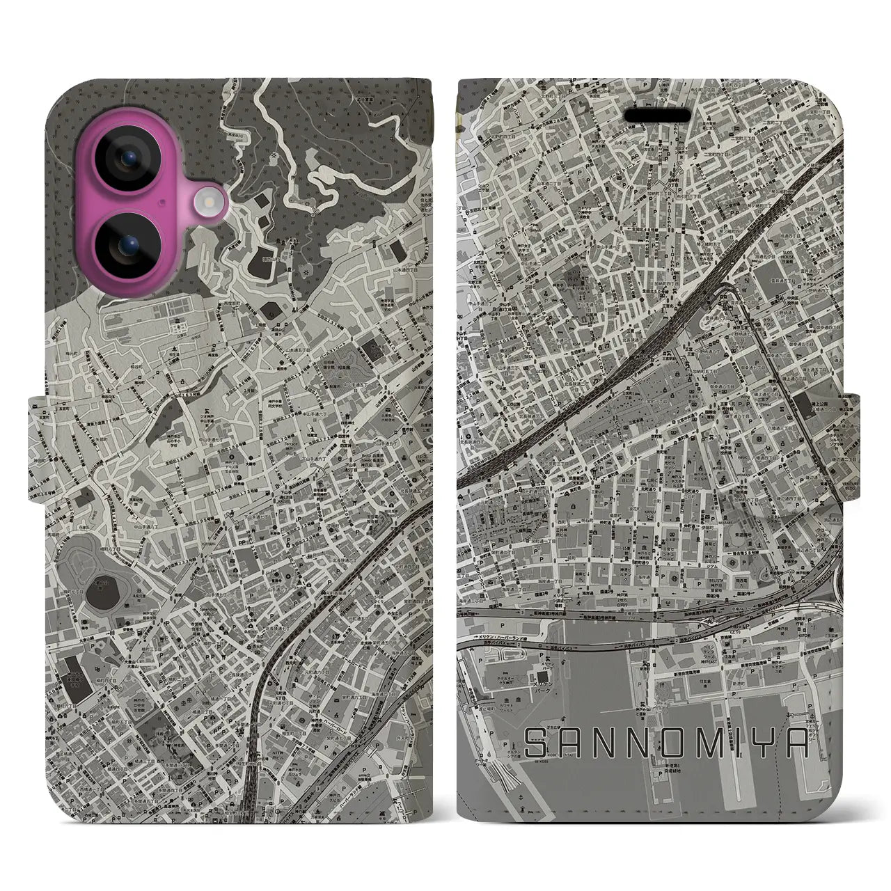 【三宮2(兵庫県)】地図柄iPhoneケース(手帳タイプ)モノトーン・iPhone 16 Pro 用