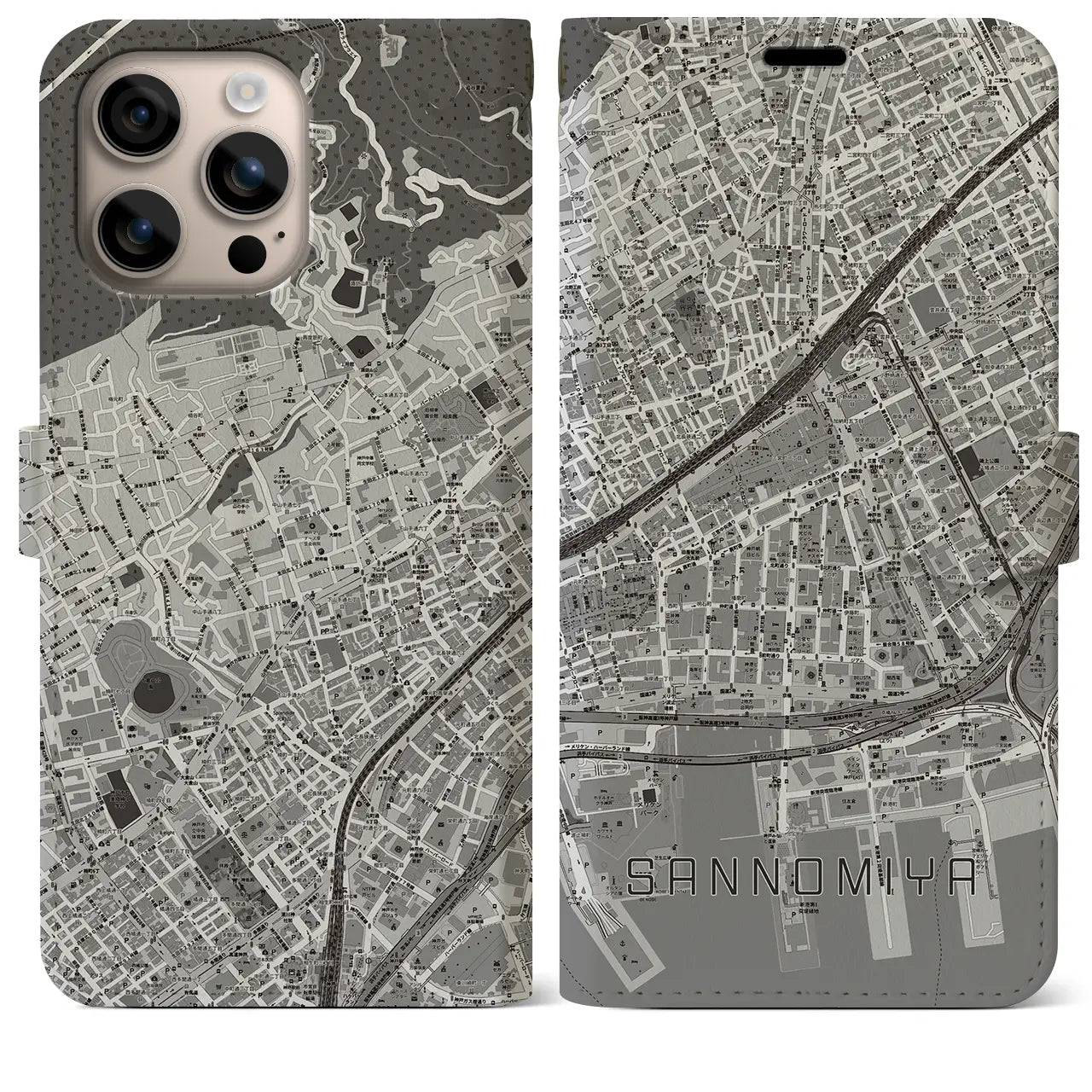 【三宮2(兵庫県)】地図柄iPhoneケース(手帳タイプ)モノトーン・iPhone 16 Plus 用