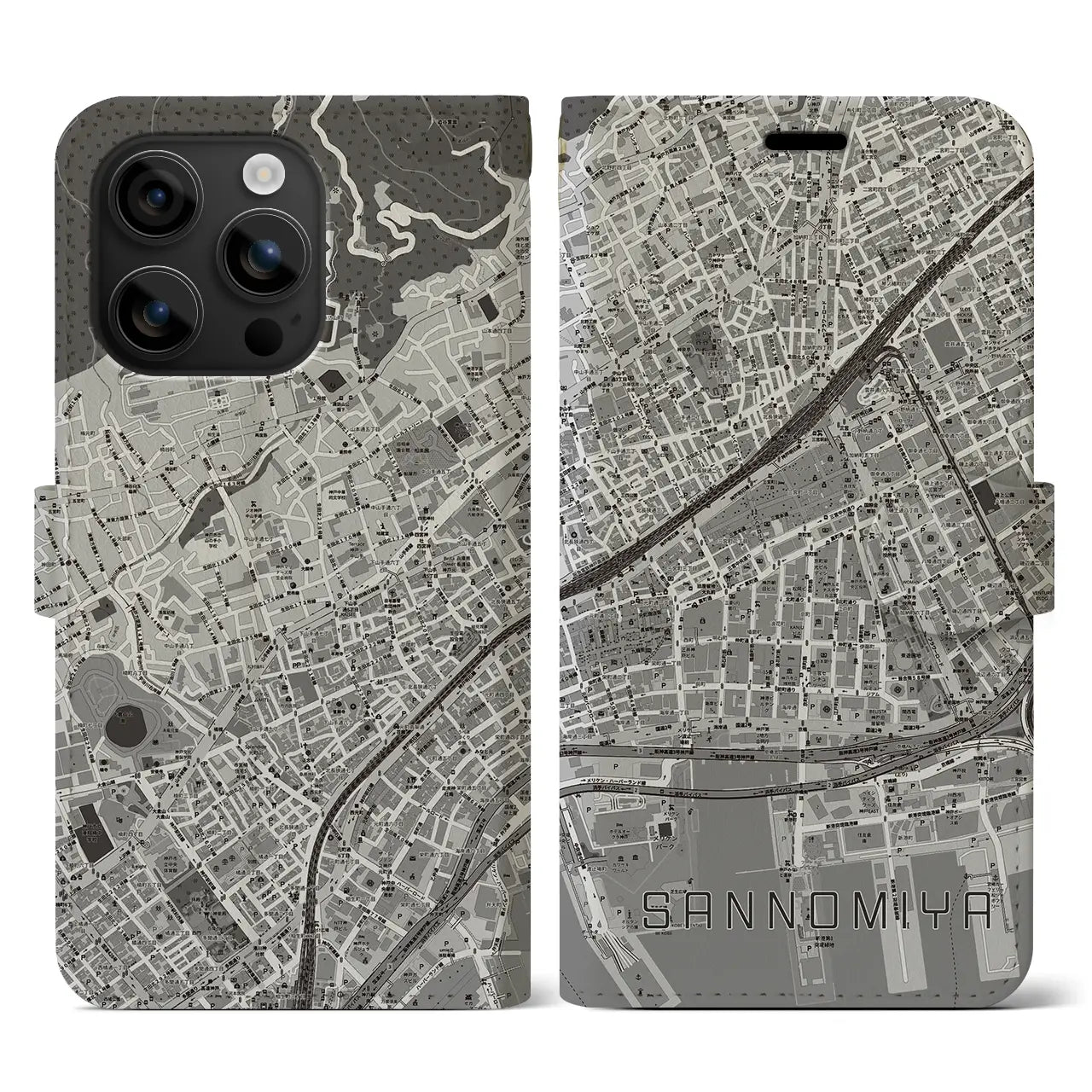 【三宮2(兵庫県)】地図柄iPhoneケース(手帳タイプ)モノトーン・iPhone 16 用