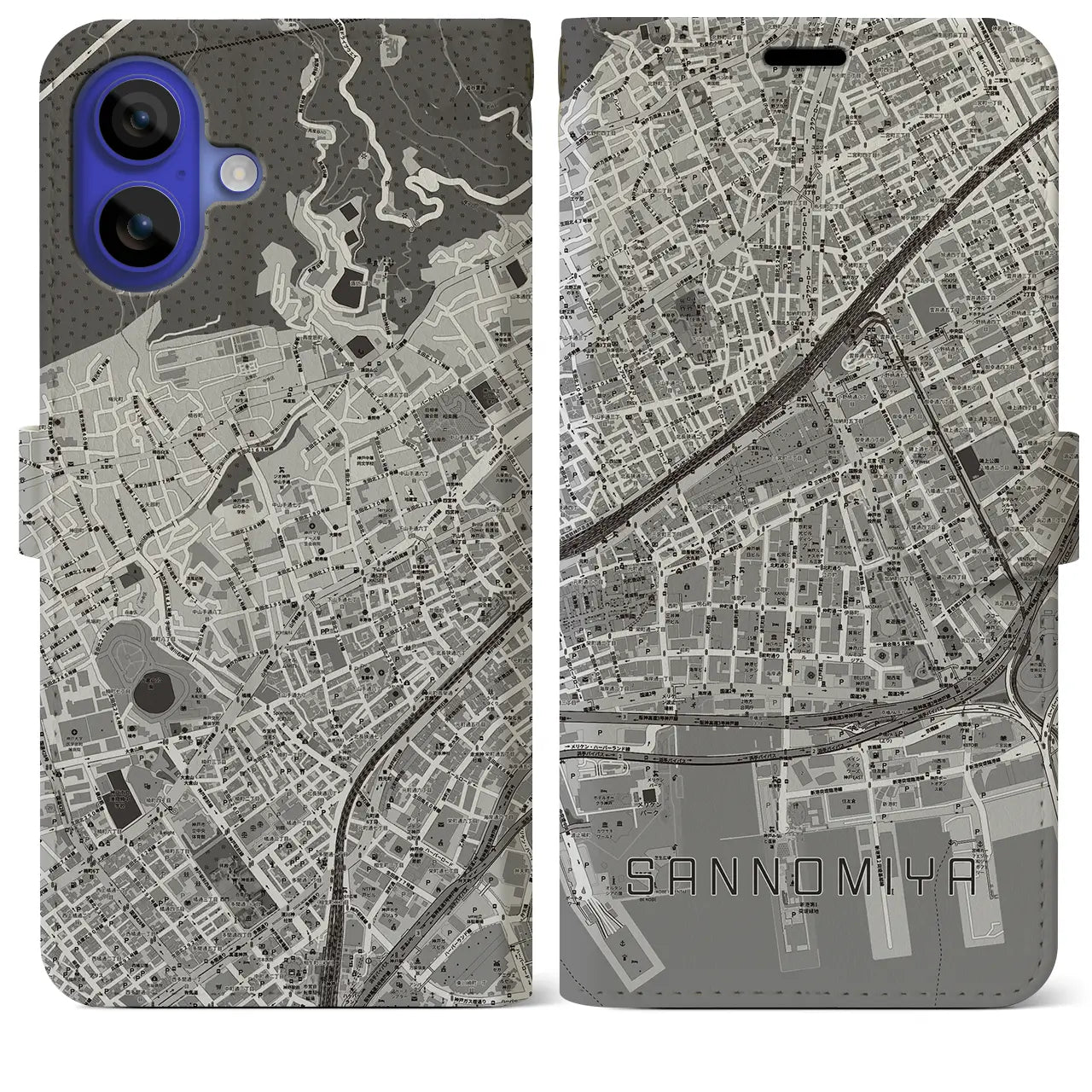 【三宮2(兵庫県)】地図柄iPhoneケース(手帳タイプ)モノトーン・iPhone 16 Pro Max 用
