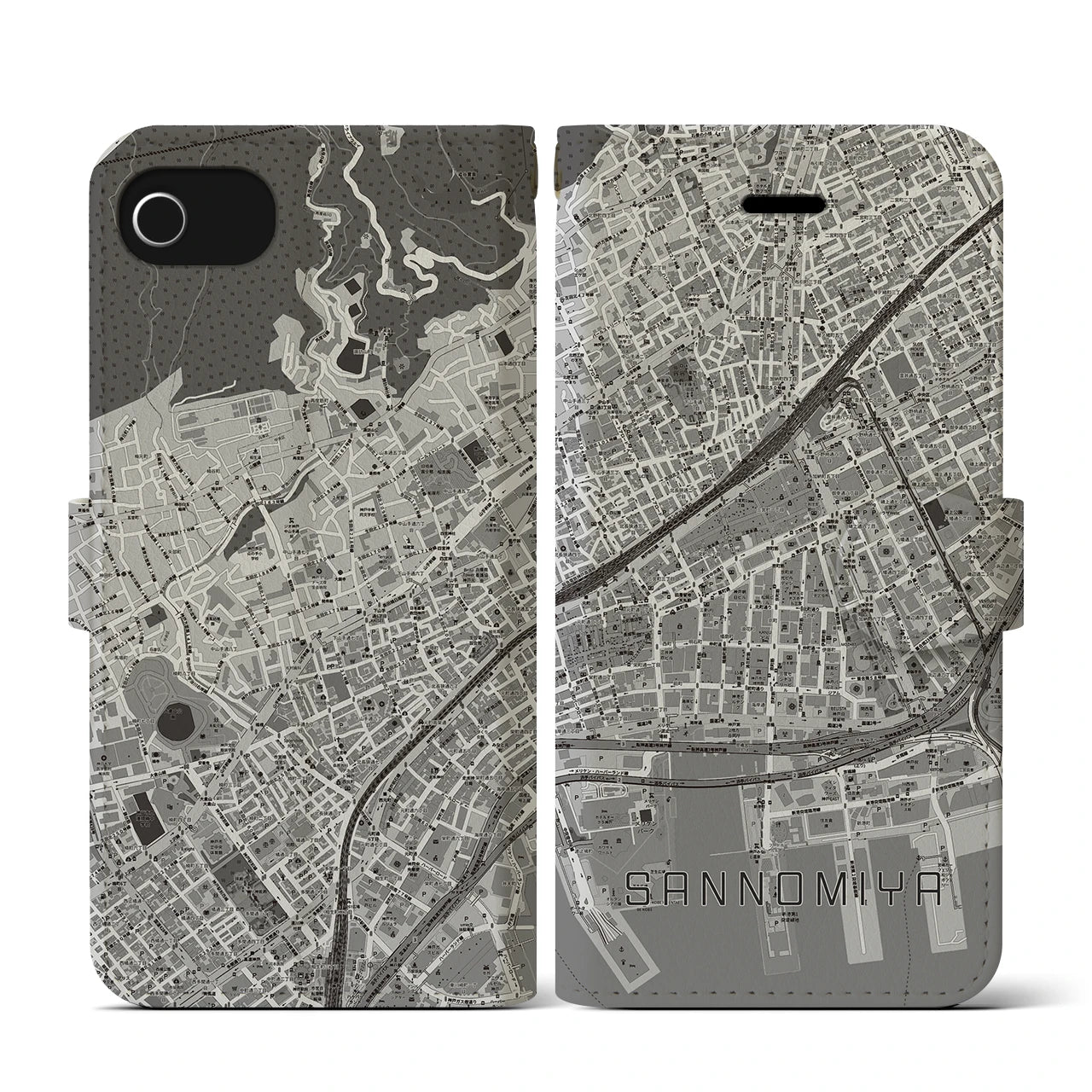 【三宮2(兵庫県)】地図柄iPhoneケース(手帳タイプ)モノトーン・iPhone SE(第3 / 第2世代) / 8 / 7 / 6s / 6 用