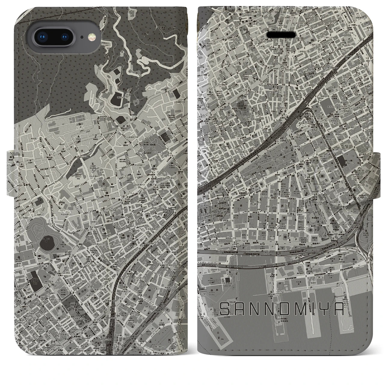【三宮2(兵庫県)】地図柄iPhoneケース(手帳タイプ)モノトーン・iPhone 8Plus /7Plus / 6sPlus / 6Plus 用