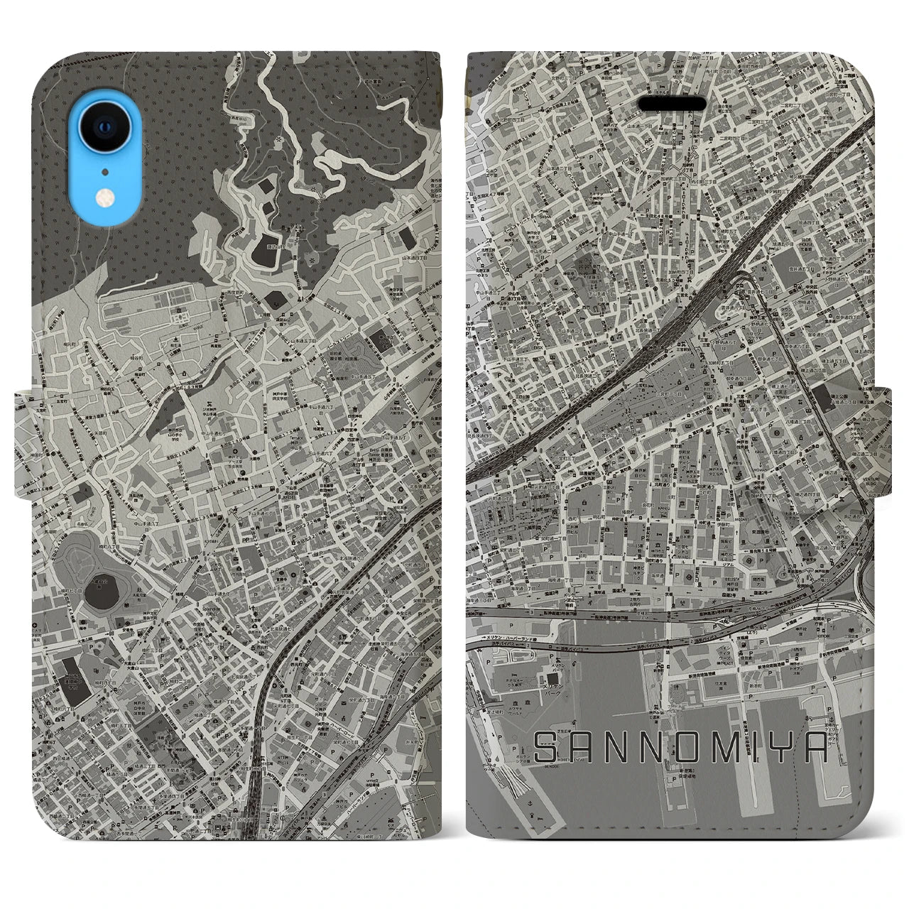 【三宮2(兵庫県)】地図柄iPhoneケース(手帳タイプ)モノトーン・iPhone XR 用