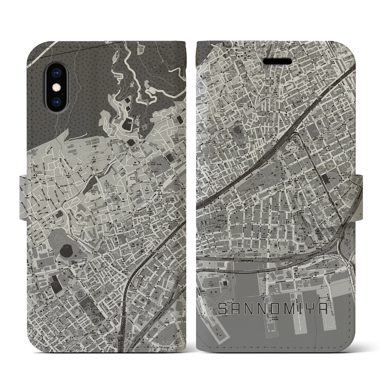 【三宮2(兵庫県)】地図柄iPhoneケース(手帳タイプ)モノトーン・iPhone XS / X 用