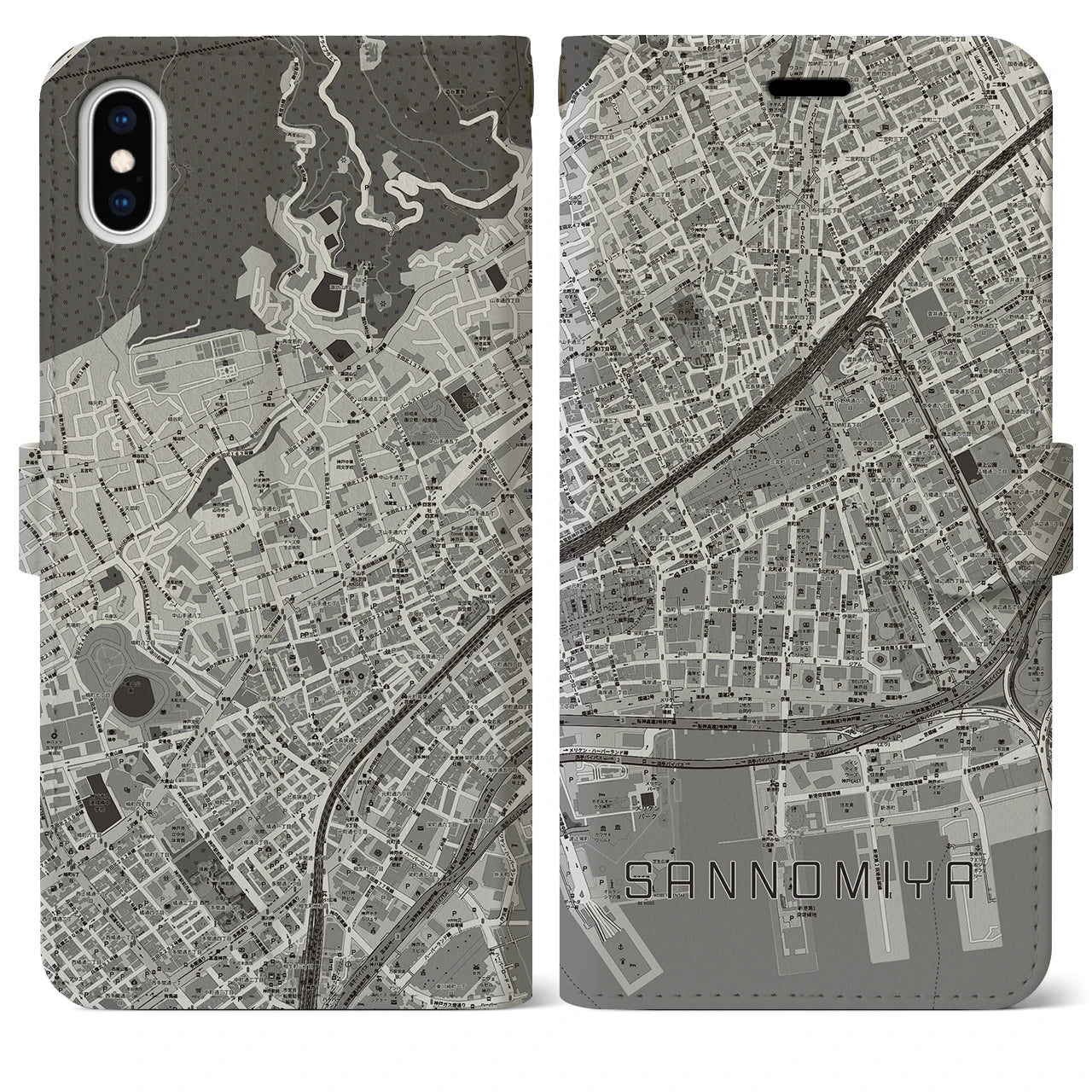 【三宮2(兵庫県)】地図柄iPhoneケース(手帳タイプ)モノトーン・iPhone XS Max 用
