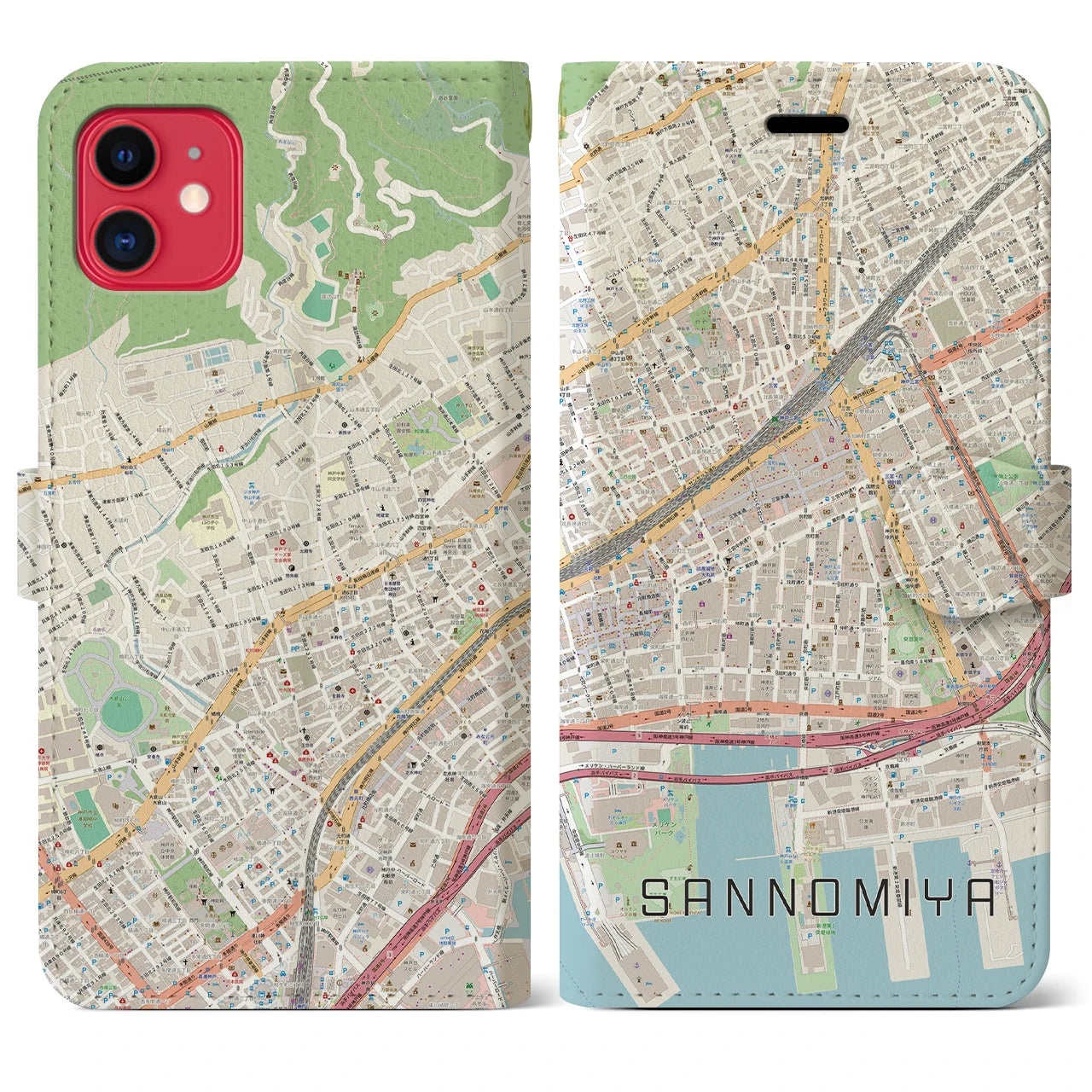 【三宮2(兵庫県)】地図柄iPhoneケース(手帳タイプ)ナチュラル・iPhone 11 用