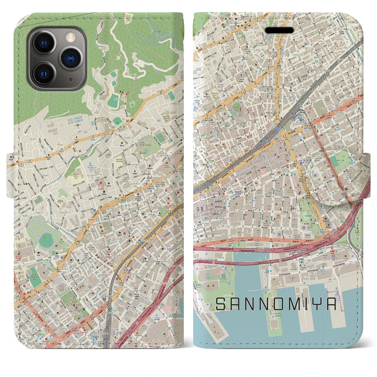【三宮2(兵庫県)】地図柄iPhoneケース(手帳タイプ)ナチュラル・iPhone 11 Pro Max 用