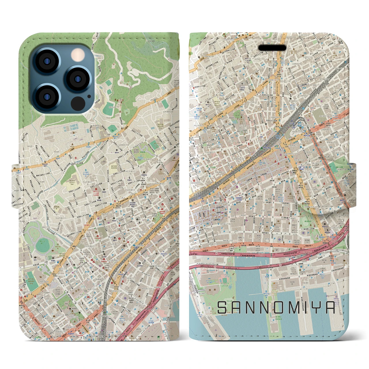 【三宮2(兵庫県)】地図柄iPhoneケース(手帳タイプ)ナチュラル・iPhone 12 / 12 Pro 用