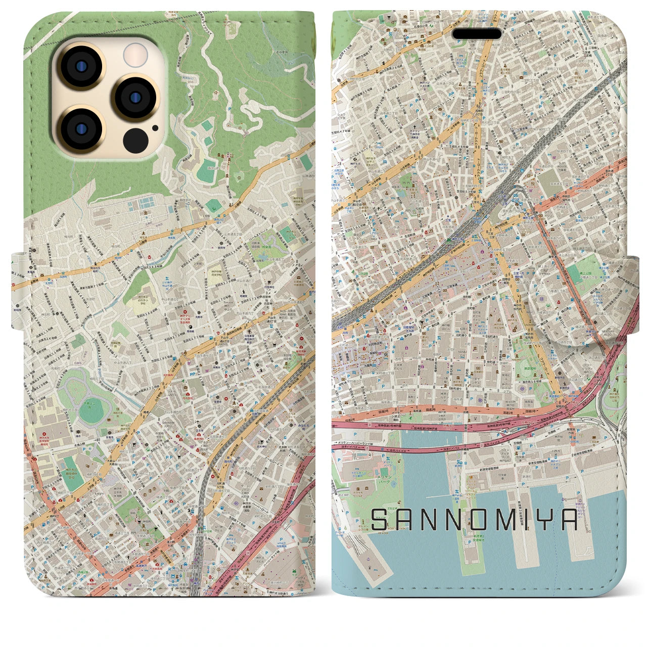 【三宮2(兵庫県)】地図柄iPhoneケース(手帳タイプ)ナチュラル・iPhone 12 Pro Max 用