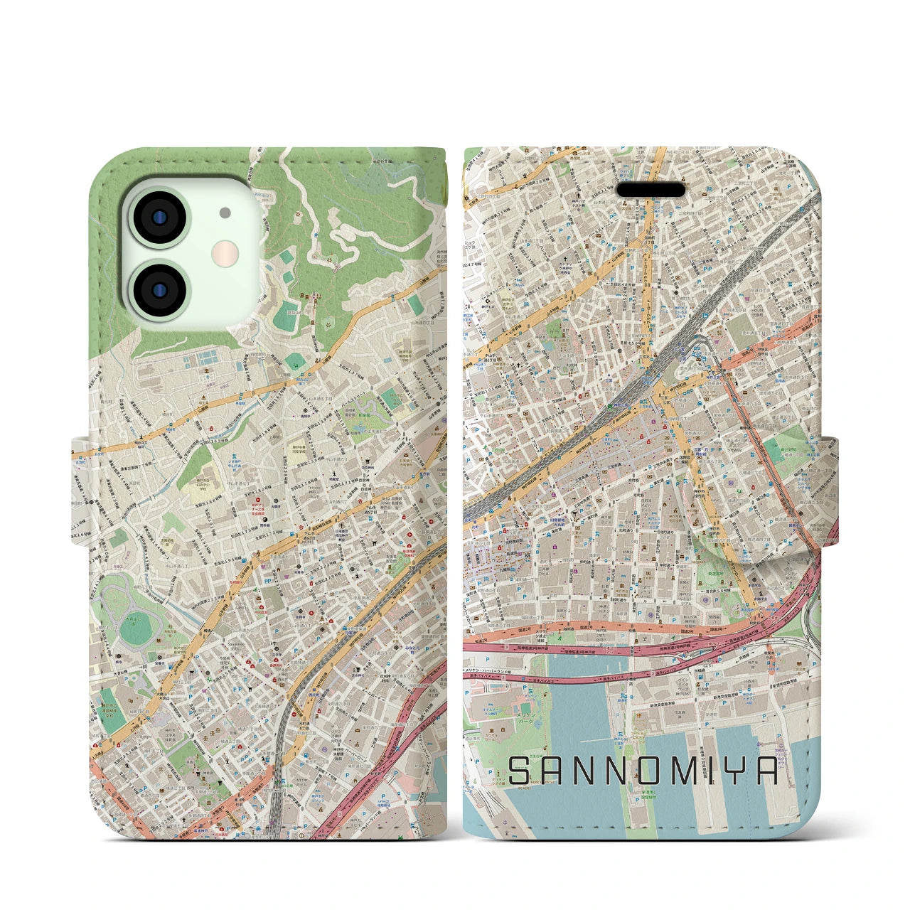 【三宮2(兵庫県)】地図柄iPhoneケース(手帳タイプ)ナチュラル・iPhone 12 mini 用