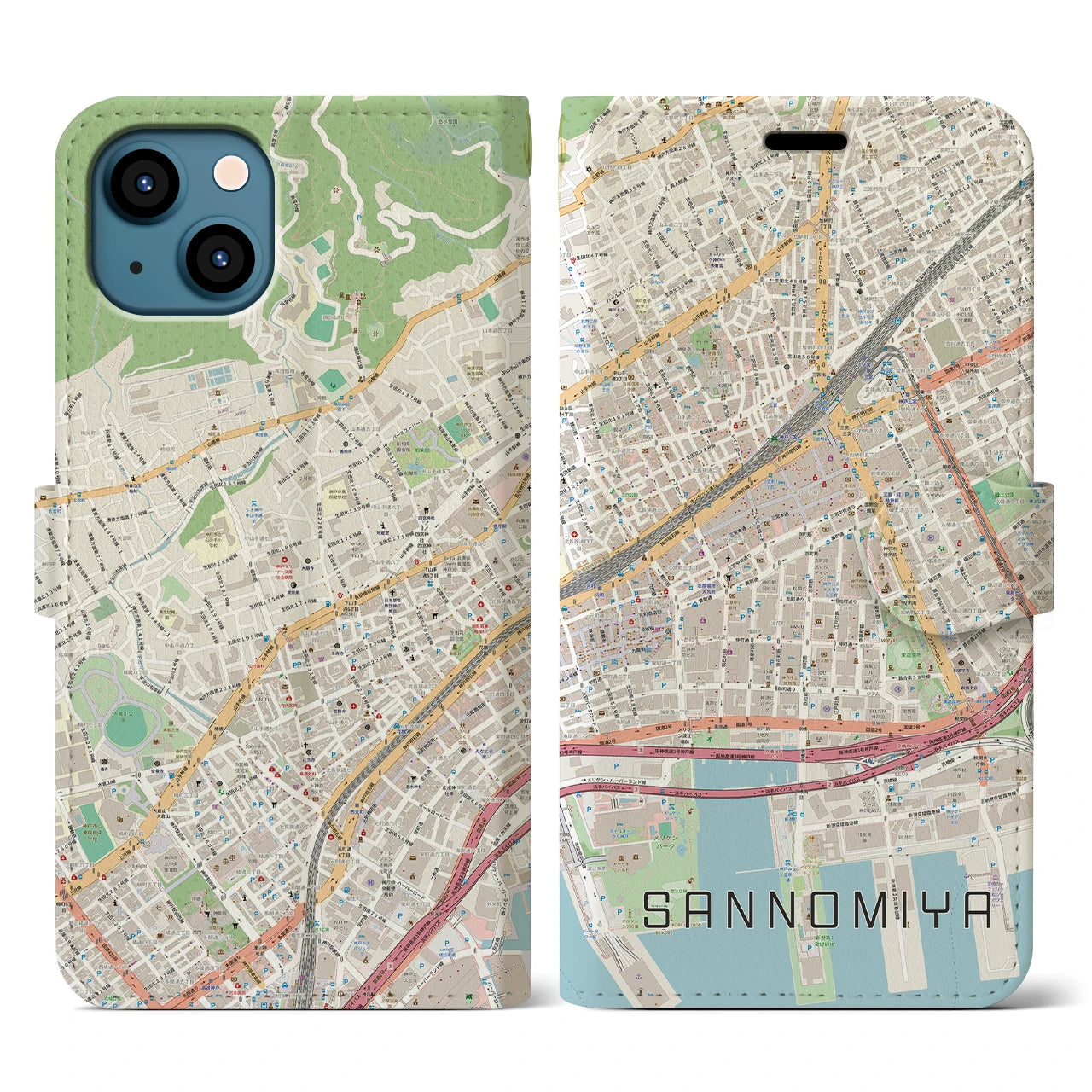 【三宮2(兵庫県)】地図柄iPhoneケース(手帳タイプ)ナチュラル・iPhone 13 用