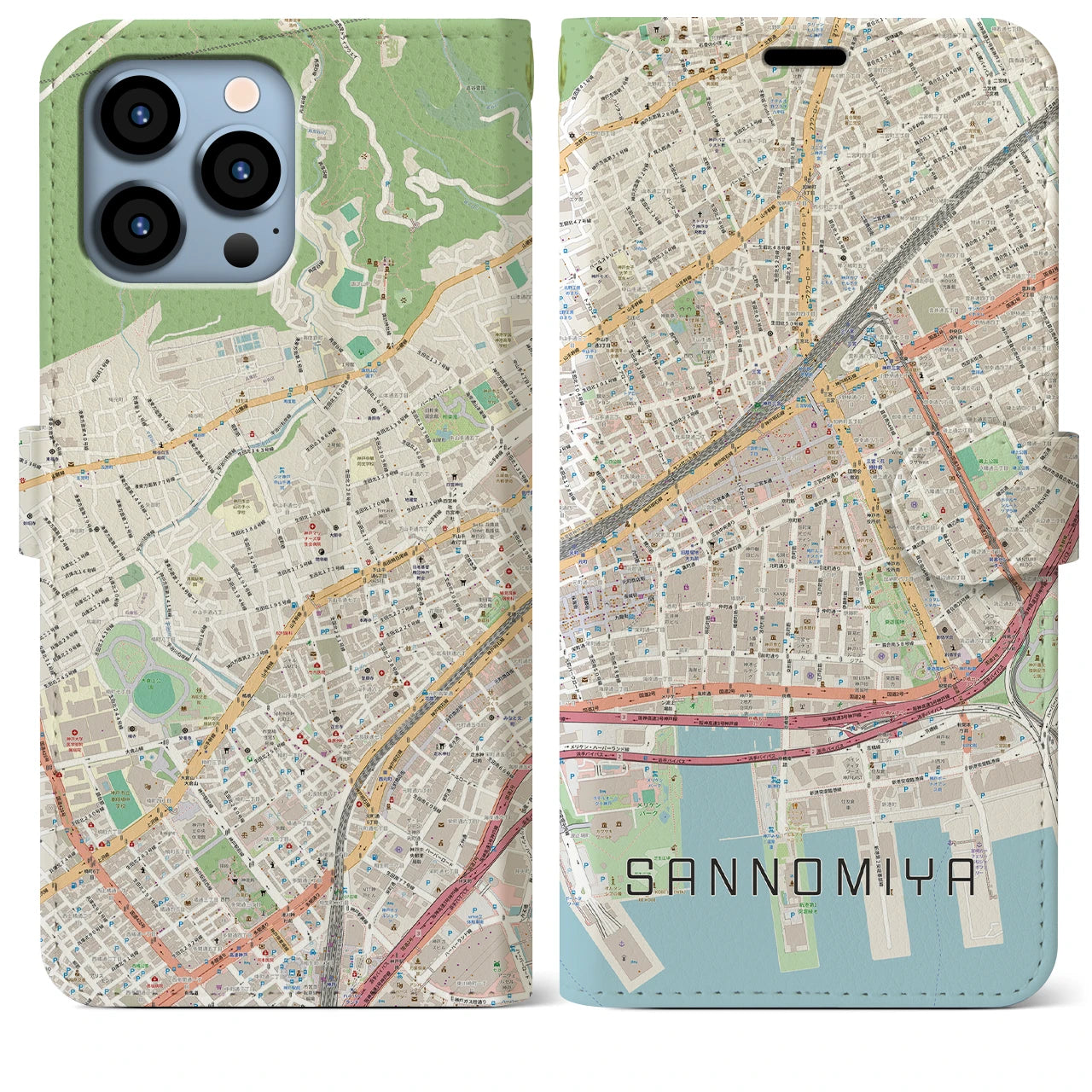 【三宮2(兵庫県)】地図柄iPhoneケース(手帳タイプ)ナチュラル・iPhone 13 Pro Max 用