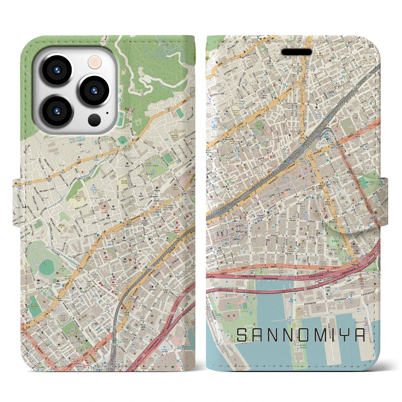 【三宮2(兵庫県)】地図柄iPhoneケース(手帳タイプ)ナチュラル・iPhone 13 Pro 用