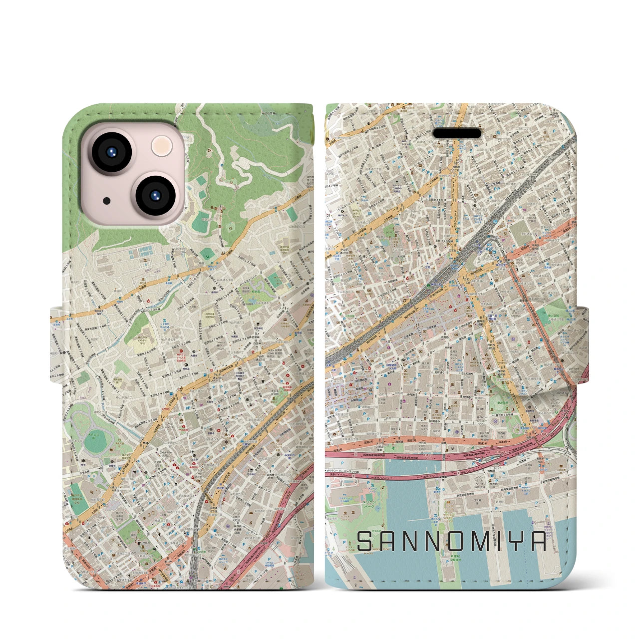 【三宮2(兵庫県)】地図柄iPhoneケース(手帳タイプ)ナチュラル・iPhone 13 mini 用