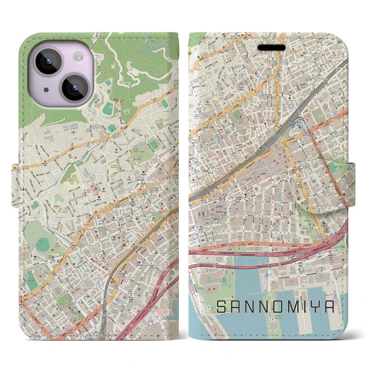 【三宮2(兵庫県)】地図柄iPhoneケース(手帳タイプ)ナチュラル・iPhone 14 用