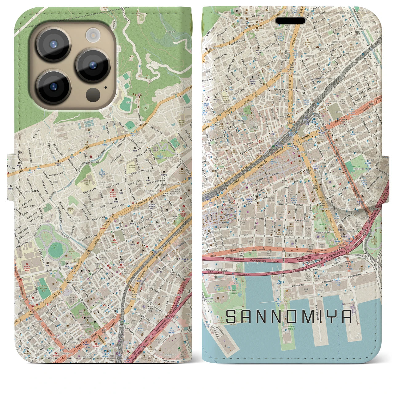 【三宮2(兵庫県)】地図柄iPhoneケース(手帳タイプ)ナチュラル・iPhone 14 Pro Max 用