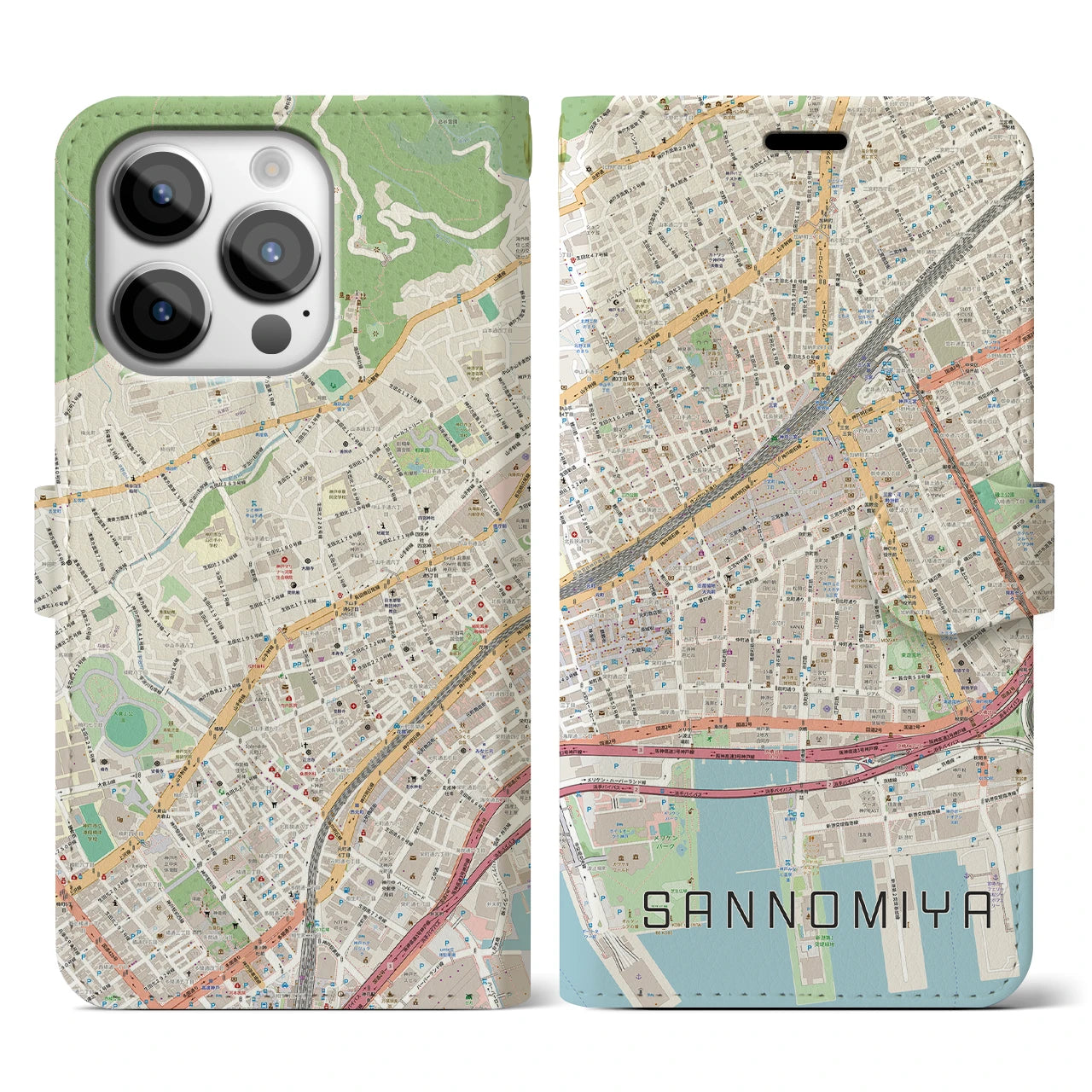 【三宮2(兵庫県)】地図柄iPhoneケース(手帳タイプ)ナチュラル・iPhone 14 Pro 用