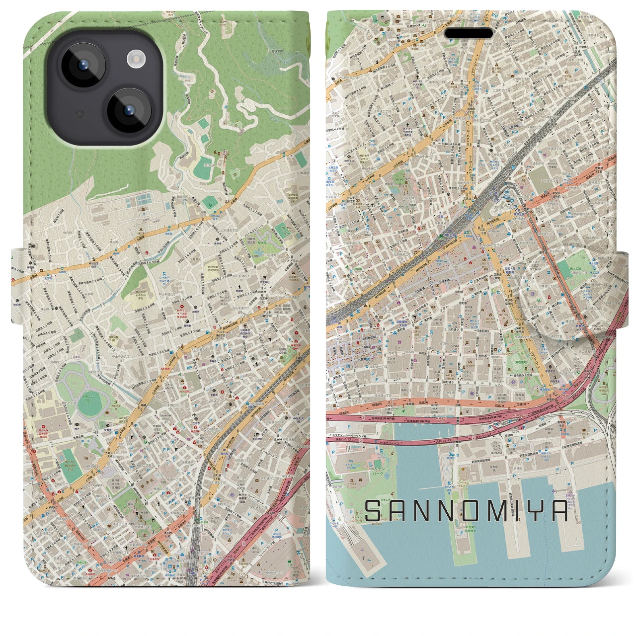 【三宮2(兵庫県)】地図柄iPhoneケース(手帳タイプ)ナチュラル・iPhone 14 Plus 用