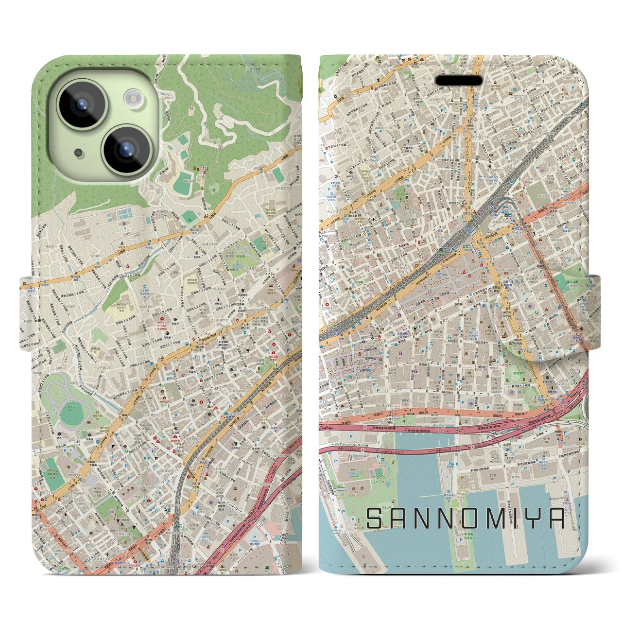 【三宮2(兵庫県)】地図柄iPhoneケース(手帳タイプ)ナチュラル・iPhone 15 用