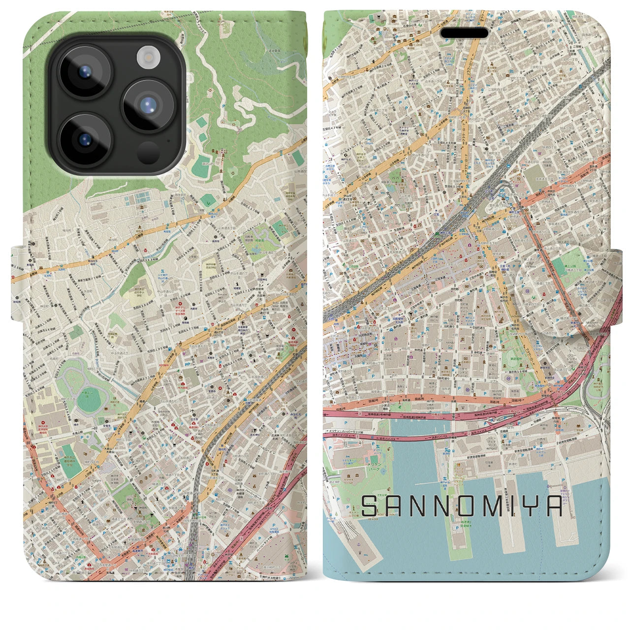 【三宮2(兵庫県)】地図柄iPhoneケース(手帳タイプ)ナチュラル・iPhone 15 Pro Max 用