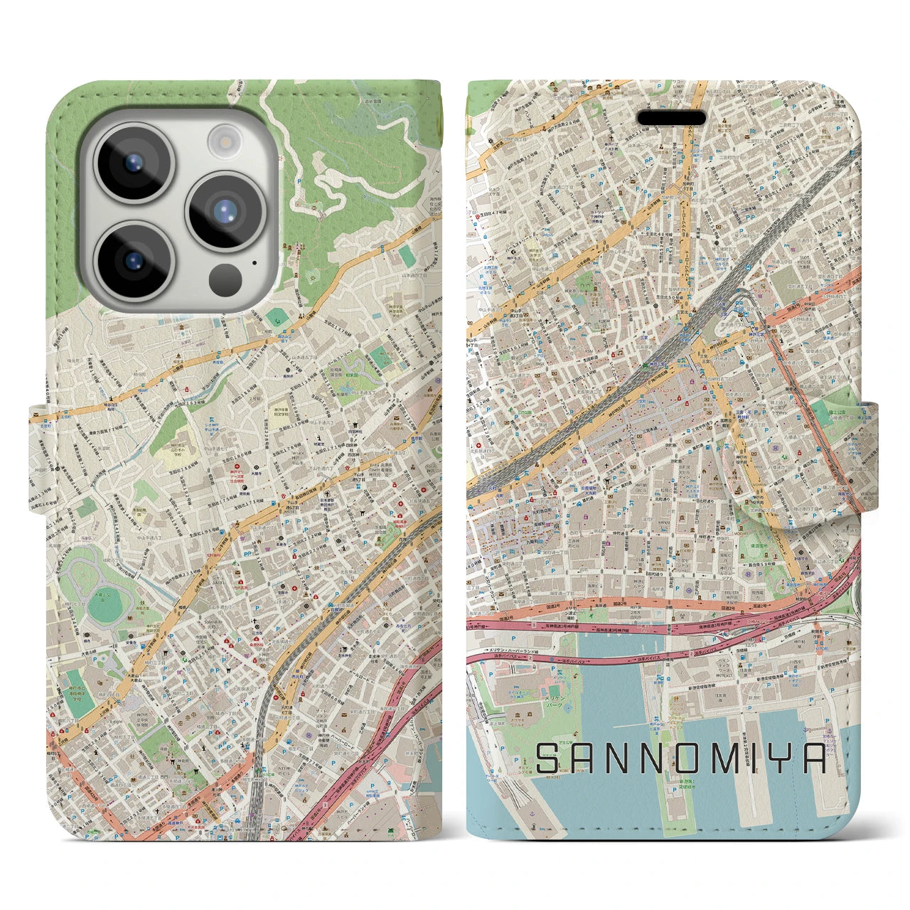 【三宮2(兵庫県)】地図柄iPhoneケース(手帳タイプ)ナチュラル・iPhone 15 Pro 用