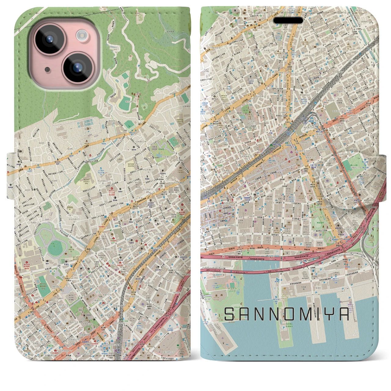 【三宮2(兵庫県)】地図柄iPhoneケース(手帳タイプ)ナチュラル・iPhone 15 Plus 用