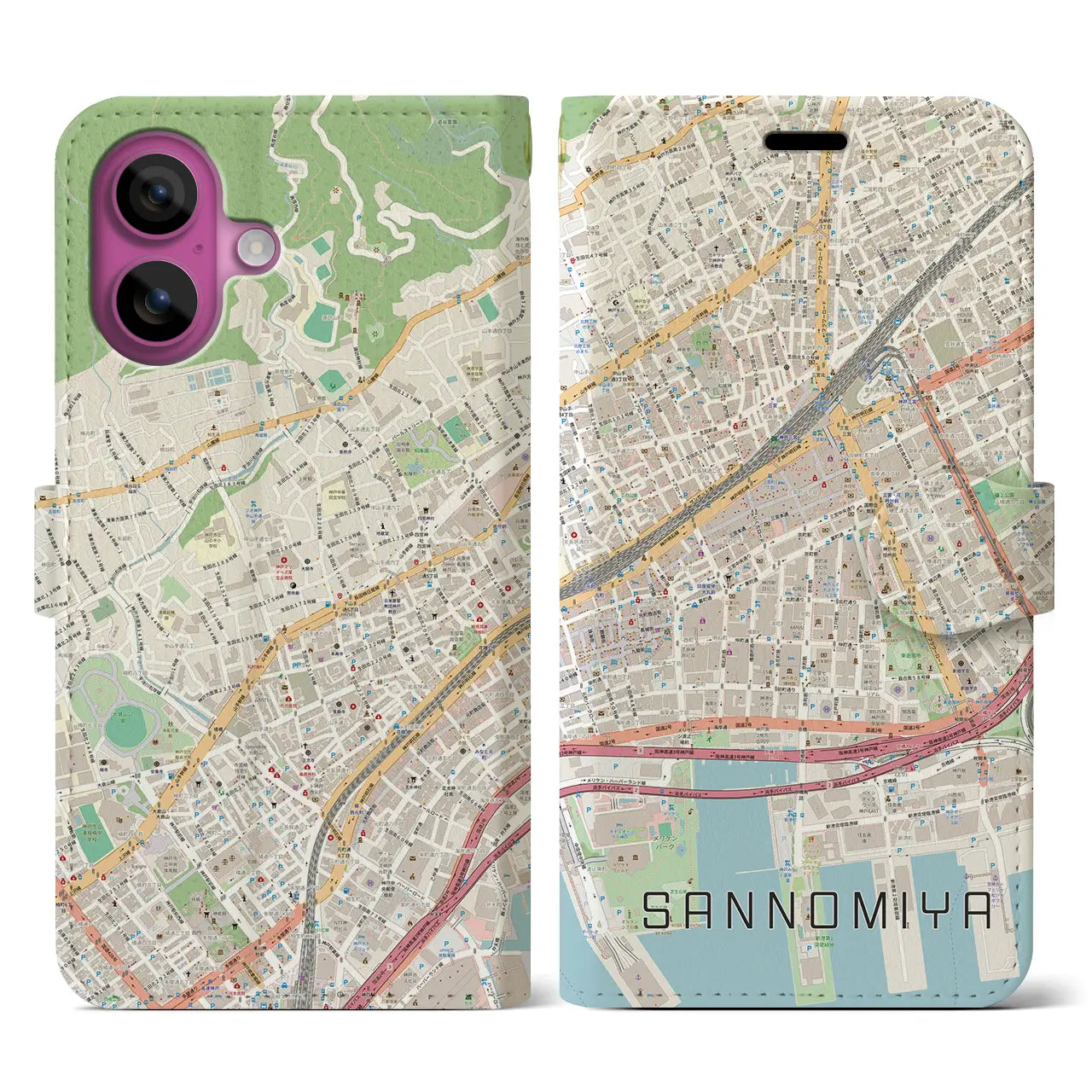 【三宮2(兵庫県)】地図柄iPhoneケース(手帳タイプ)ナチュラル・iPhone 16 Pro 用