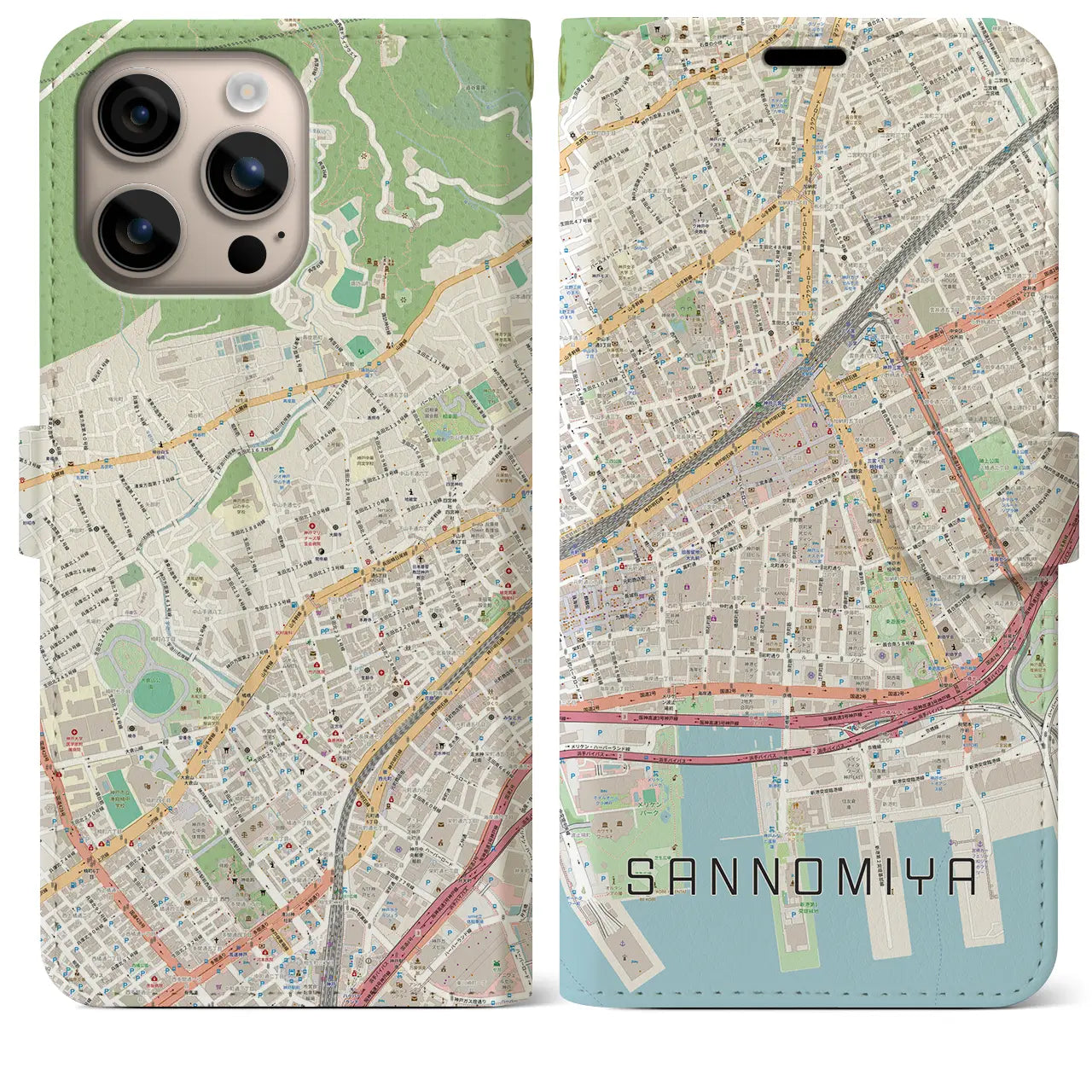 【三宮2(兵庫県)】地図柄iPhoneケース(手帳タイプ)ナチュラル・iPhone 16 Plus 用