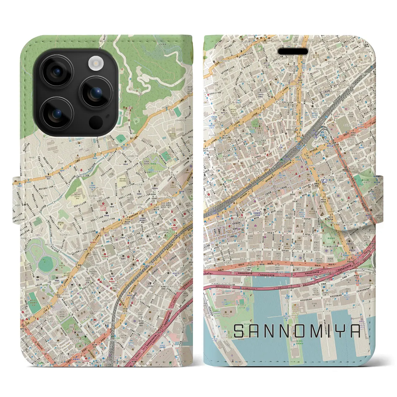 【三宮2(兵庫県)】地図柄iPhoneケース(手帳タイプ)ナチュラル・iPhone 16 用