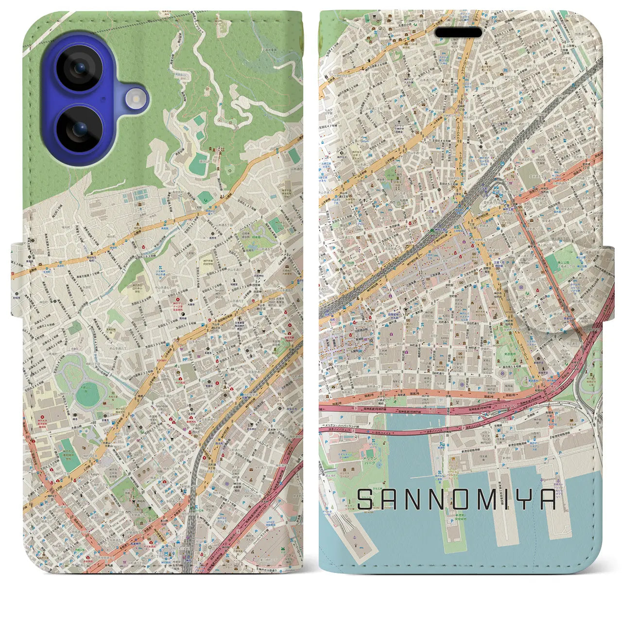 【三宮2(兵庫県)】地図柄iPhoneケース(手帳タイプ)ナチュラル・iPhone 16 Pro Max 用