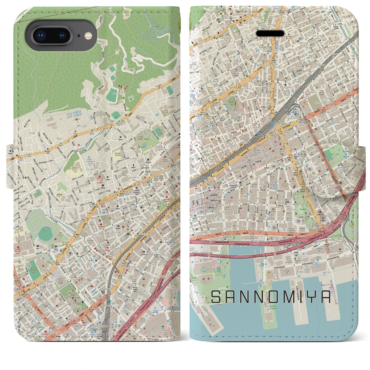 【三宮2(兵庫県)】地図柄iPhoneケース(手帳タイプ)ナチュラル・iPhone 8Plus /7Plus / 6sPlus / 6Plus 用