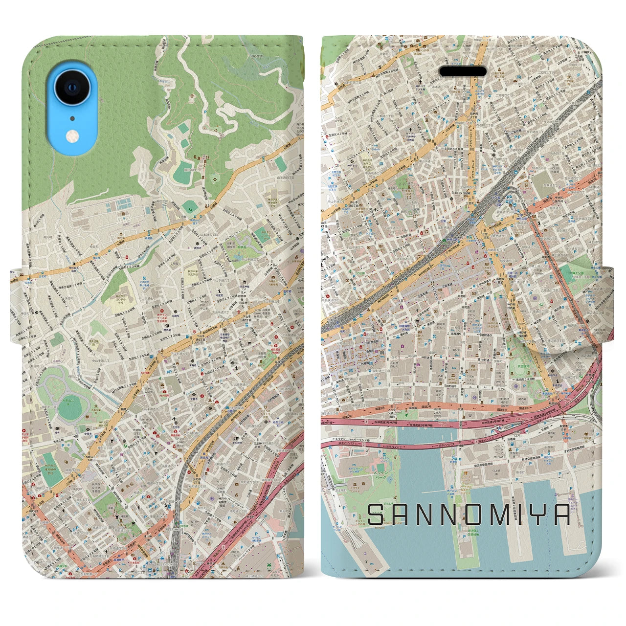 【三宮2(兵庫県)】地図柄iPhoneケース(手帳タイプ)ナチュラル・iPhone XR 用