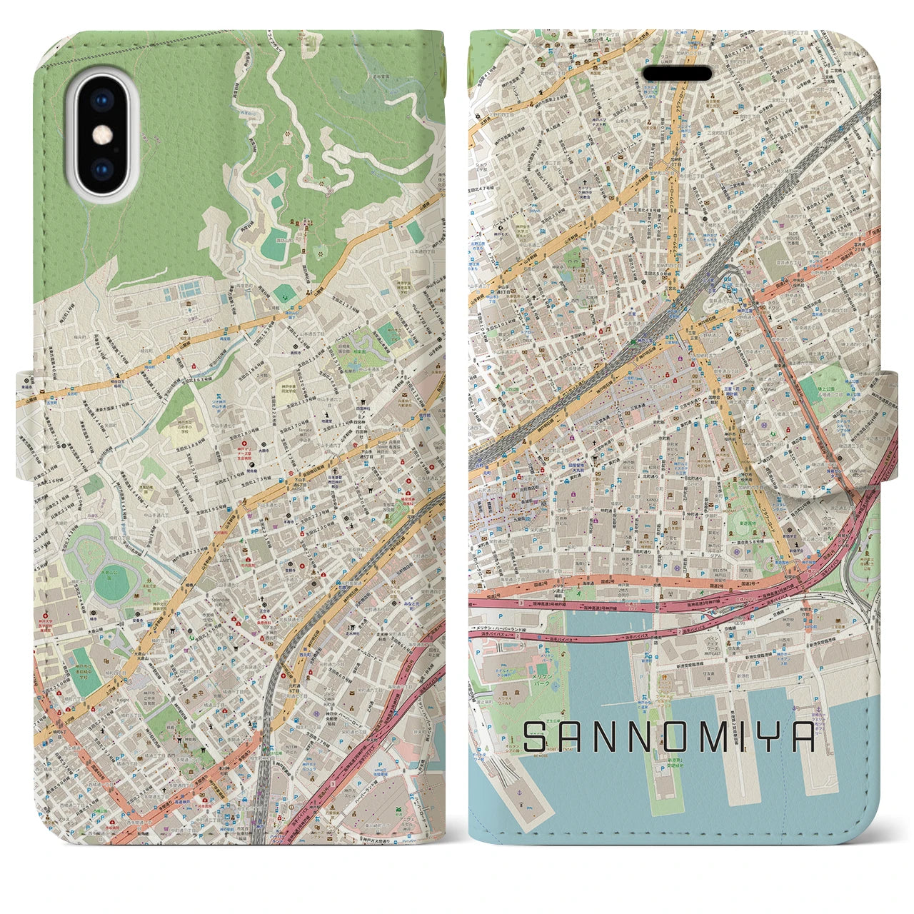 【三宮2(兵庫県)】地図柄iPhoneケース(手帳タイプ)ナチュラル・iPhone XS Max 用