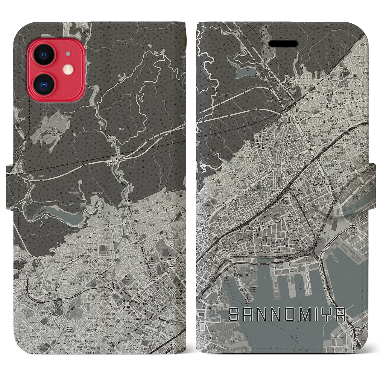 【三宮(兵庫県)】地図柄iPhoneケース(手帳タイプ)モノトーン・iPhone 11 用