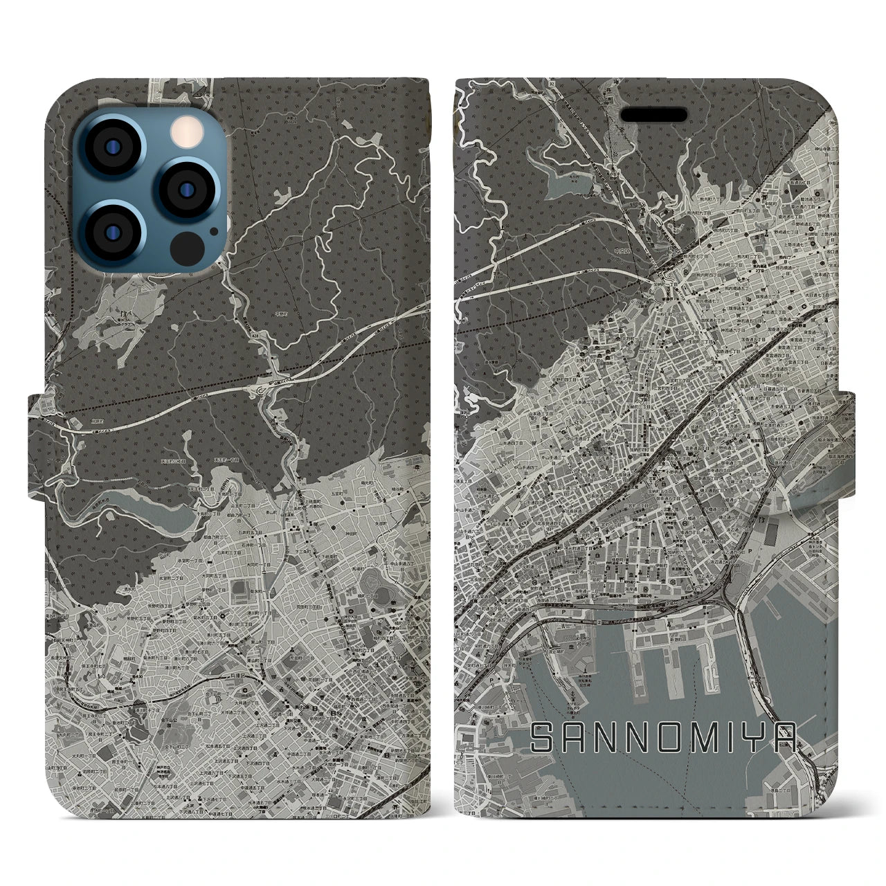 【三宮(兵庫県)】地図柄iPhoneケース(手帳タイプ)モノトーン・iPhone 12 / 12 Pro 用