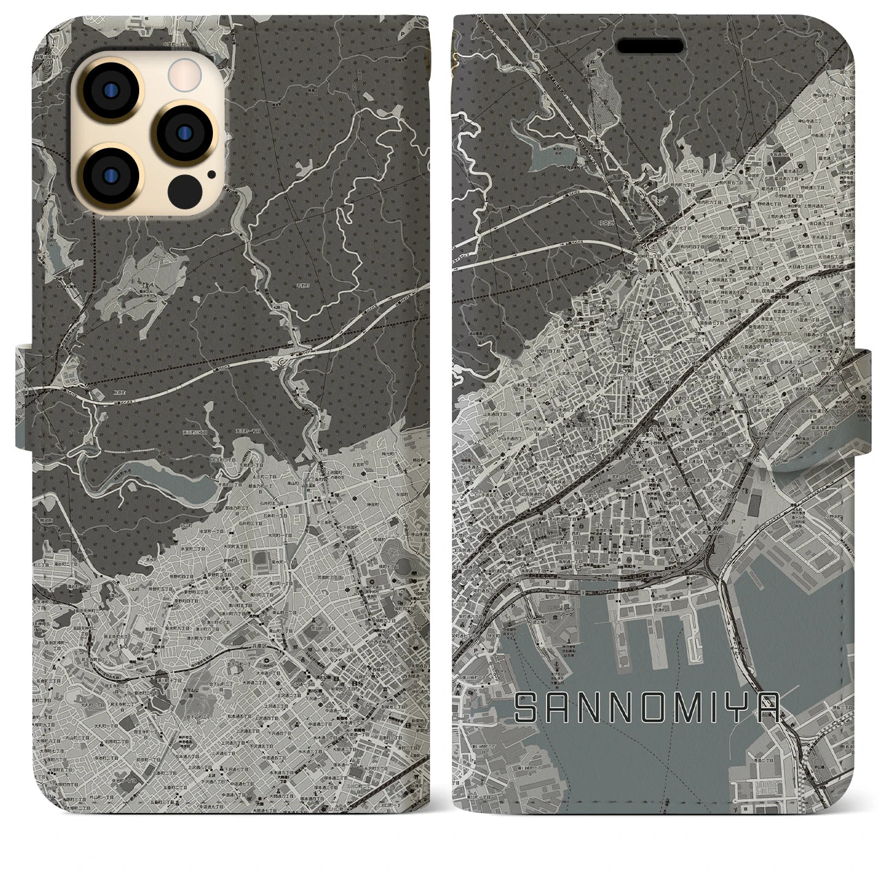 【三宮(兵庫県)】地図柄iPhoneケース(手帳タイプ)モノトーン・iPhone 12 Pro Max 用